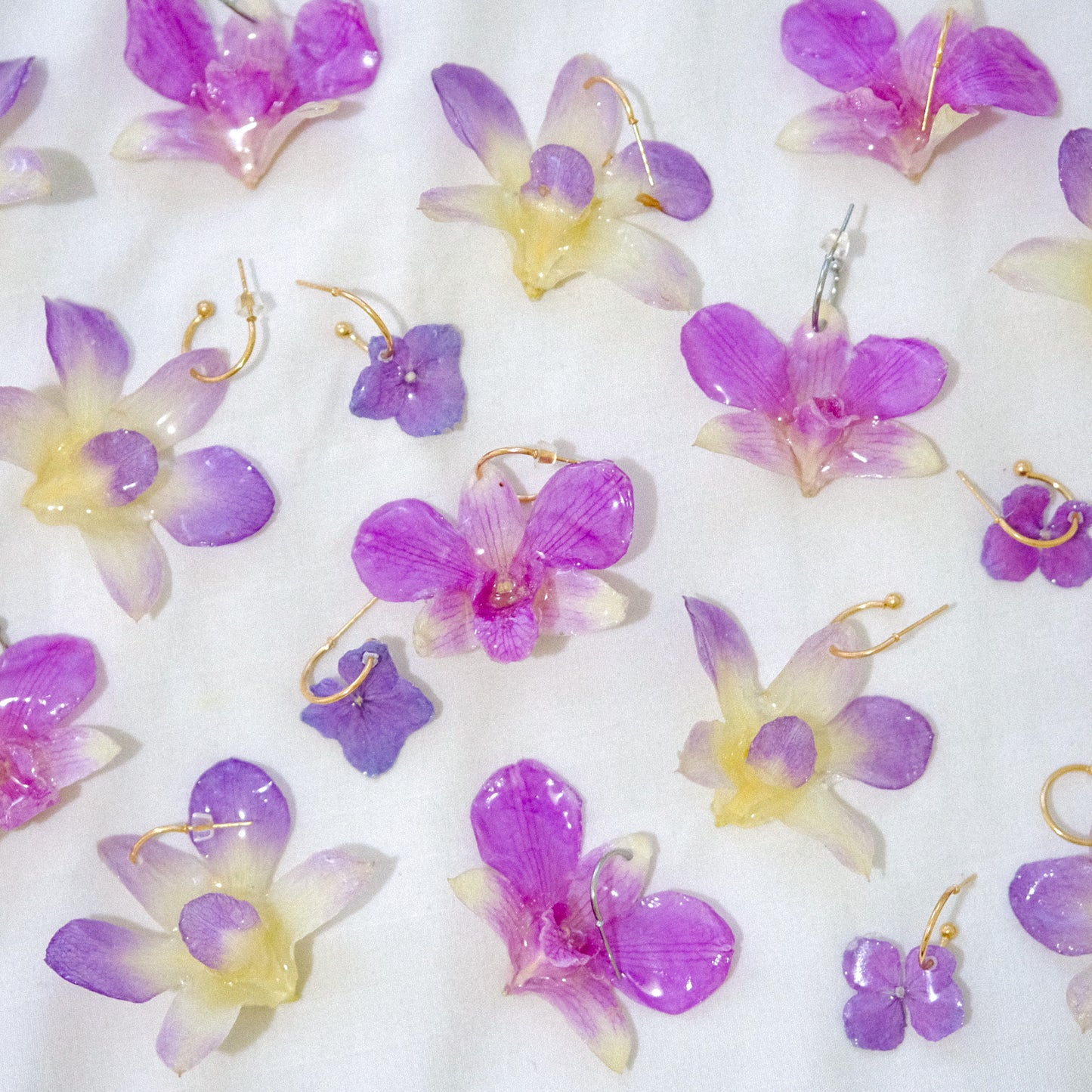 purple & white orchid preserved earrings